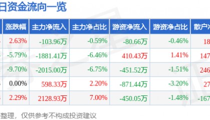 股票行情快报：华闻集团（000793）1月7日主力资金净卖出103.96万元