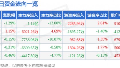 股票行情快报：长安汽车（000625）3月13日主力资金净卖出1.14亿元