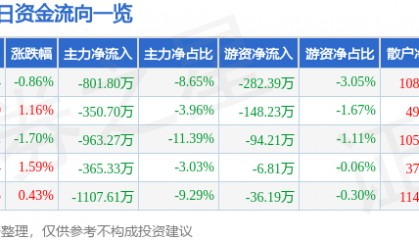 股票行情快报：华西股份（000936）5月13日主力资金净卖出801.80万元