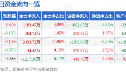 股票行情快报：皖能电力（000543）5月20日主力资金净买入1183.45万元