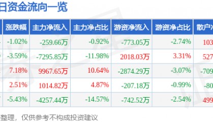 股票行情快报：青岛金王（002094）2月24日主力资金净卖出259.66万元