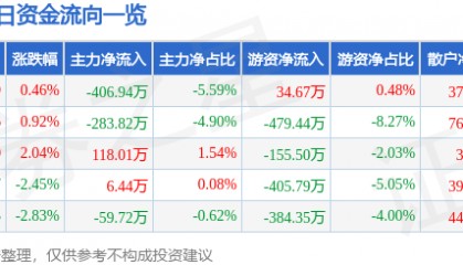 股票行情快报：国电南自（600268）1月8日主力资金净卖出406.94万元