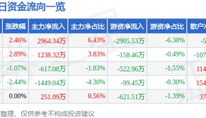 股票行情快报：钒钛股份（000629）9月8日主力资金净买入2964.34万元