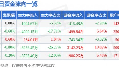 股票行情快报：广汇能源（600256）9月26日主力资金净卖出1004.67万元