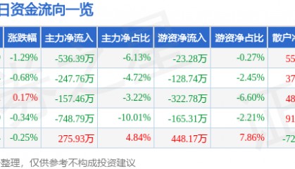 股票行情快报：黄山旅游（600054）6月13日主力资金净卖出536.39万元