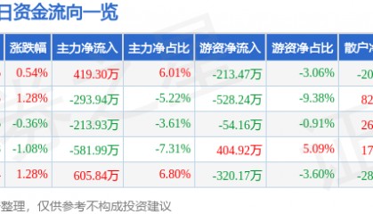 股票行情快报：辉隆股份（002556）5月20日主力资金净买入419.30万元