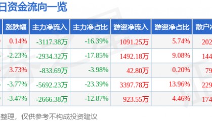股票行情快报：天津普林（002134）8月13日主力资金净卖出3117.38万元