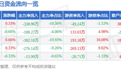 股票行情快报：合兴包装（002228）3月13日主力资金净卖出338.96万元