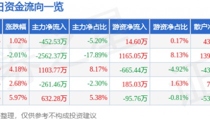 股票行情快报：*ST银江（300020）5月14日主力资金净卖出452.53万元