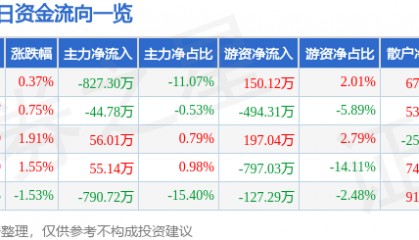 股票行情快报：威海广泰（002111）2月10日主力资金净卖出827.30万元