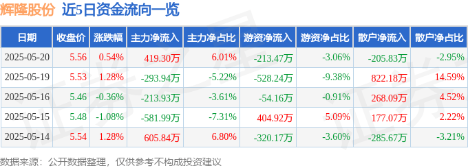 股票行情快报：辉隆股份（002556）5月20日主力资金净买入419.30万元