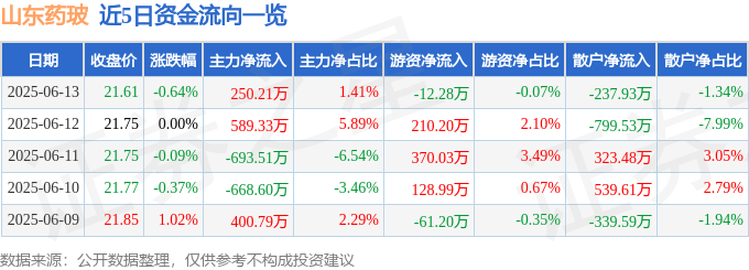 股票行情快报：山东药玻（600529）6月13日主力资金净买入250.21万元