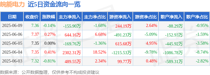 股票行情快报：皖能电力（000543）6月9日主力资金净卖出155.90万元