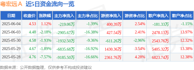 股票行情快报：粤宏远Ａ（000573）6月4日主力资金净卖出219.06万元