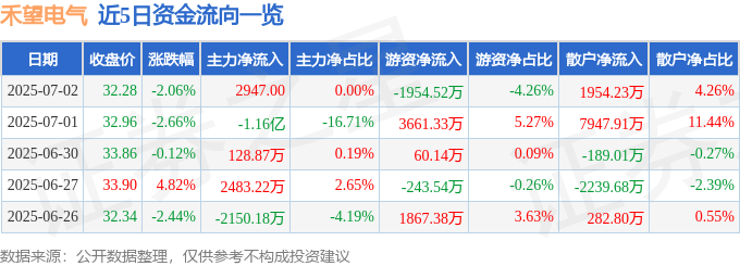 股票行情快报：禾望电气（603063）7月2日主力资金净买入2947.00元