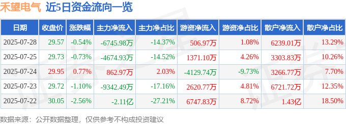 股票行情快报：禾望电气（603063）7月28日主力资金净卖出6745.98万元