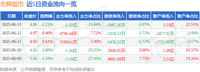股票行情快报：永辉超市（601933）6月13日主力资金净卖出1.32亿元