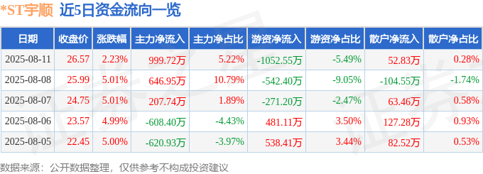 股票行情快报：*ST宇顺（002289）8月11日主力资金净买入999.72万元