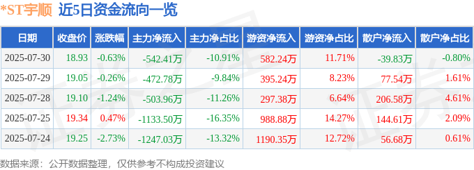 股票行情快报：*ST宇顺（002289）7月30日主力资金净卖出542.41万元