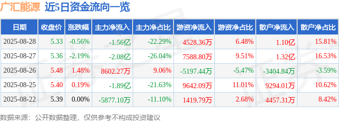 股票行情快报：广汇能源（600256）8月28日主力资金净卖出1.56亿元